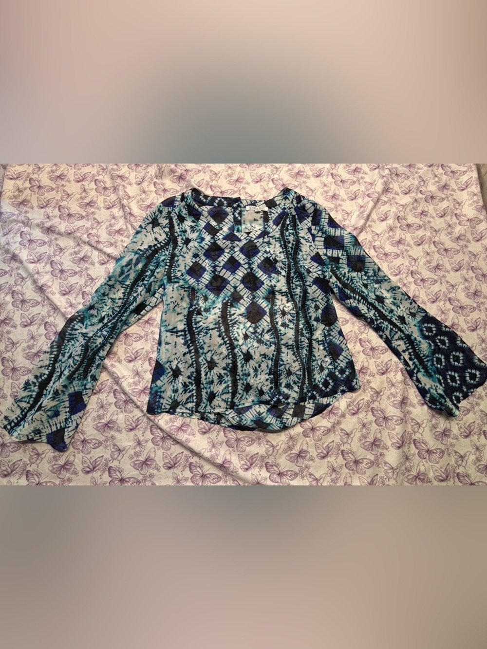 ⚛️Patrons of Peace Blue Patterned Sheer Blouse